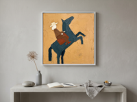 Rider on a Rearing Horse Wall Art — Original Palette-Knife Oil, Slate Blue & Ochre — original hand-painted oil shown on the wall in a styled room