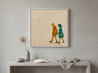 Couple Walking Together Wall Art — Original Pop-Colour Oil, Orange & Teal — original hand-painted oil shown on the wall in a styled room