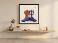 Cowboy Boots Wall Art — Original Palette-Knife Oil, Cobalt & Red — original hand-painted oil shown on the wall in a styled room