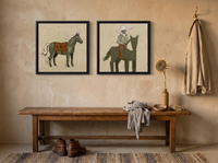 Standing Horse & Mounted Cowboy — Set of 2 Original Oils, Olive & Rust — original hand-painted oil shown on the wall in a styled room