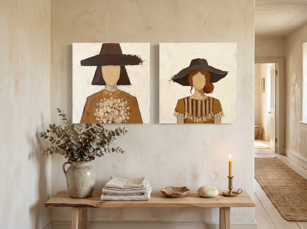 Women in Hats — Set of 2 Original Oils, Chocolate & Tan