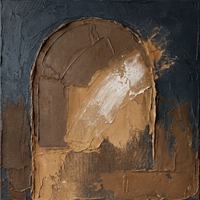 Original textured oil painting of a deep navy-teal field framing an arch of golden-ochre and brown plaster slabs with a scraped white diagonal highlight, heavy palette-knife impasto.