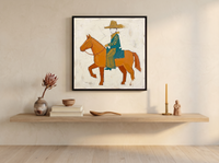Cowboy on Horseback Wall Art — Original Palette-Knife Oil, Orange & Teal — original hand-painted oil shown on the wall in a styled room
