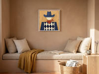 Harlequin Cowboy Wall Art — Original Palette-Knife Oil, Navy & Ochre — original hand-painted oil shown on the wall in a styled room