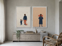Father & Child with Shepherd — Set of 2 Original Oils, Indigo & Coral — original hand-painted oil shown on the wall in a styled room