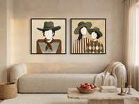 Cowboy & Two Cowgirls — Set of 2 Original Oils, Olive & Caramel — original hand-painted oil shown on the wall in a styled room