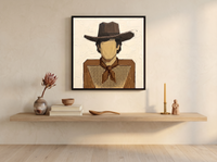 Cowboy in a Checked Shirt Wall Art — Original Palette-Knife Oil, Brown & Cream — original hand-painted oil shown on the wall in a styled room