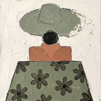 Oil painting of a faceless woman in a sage-green floppy hat with a near-black face, terracotta bow and black-and-sage striped body, on a cream ground.