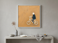 Cyclist Wall Art — Original Palette-Knife Oil, Navy & Ochre — original hand-painted oil shown on the wall in a styled room