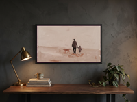 Father, Child and Dog Walking Wide Wall Art — Original Oil Landscape, Mauve & Rose-Brown — original hand-painted oil shown on the wall in a styled room