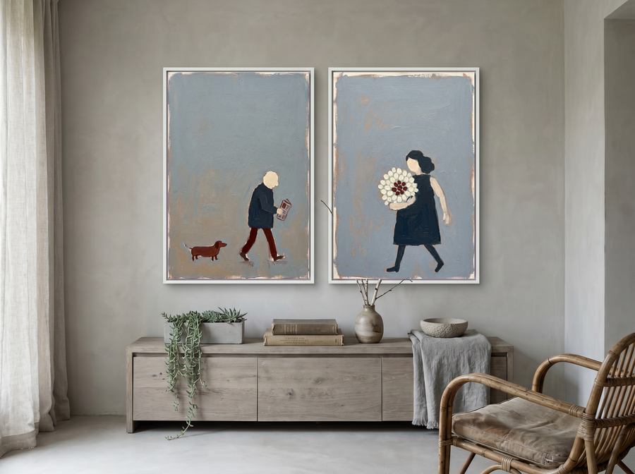 Man with Dog & Woman with Bouquet — Set of 2 Original Oils, Charcoal & Slate