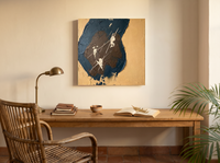 Dark Monolith Abstract Wall Art — Original Palette-Knife Oil, Navy & Ochre — original hand-painted oil shown on the wall in a styled room