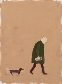 Oil painting of a man in a moss-green coat with a pale cream head walking to the left with a folded newspaper, a small dachshund trailing behind, on a warm clay-tan ground.