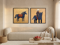 Standing Horse & Mounted Cowboy — Set of 2 Original Oils, Navy & Vermilion — original hand-painted oil shown on the wall in a styled room