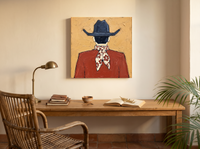 Cowboy from Behind Wall Art — Original Palette-Knife Oil, Navy & Rust — original hand-painted oil shown on the wall in a styled room