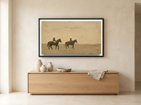 Two Riders Across Olive Pasture Wide Canvas — Original Palette-Knife Oil, Olive & Sienna — original hand-painted oil shown on the wall in a styled room