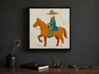 Cowboy on Horseback Wall Art — Original Palette-Knife Oil, Orange & Teal — original hand-painted oil shown on the wall in a styled room