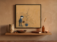 Woman Watering a Plant Wall Art — Original Palette-Knife Oil, Ochre & Teal — original hand-painted oil shown on the wall in a styled room
