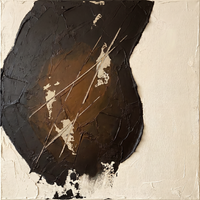 Original textured oil painting of a large near-black organic mass with an amber-brown glowing core and thin scraped cream diagonal lines, on a cream ground, heavy palette-knife impasto.
