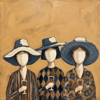 Original oil painting of three blank-faced women in wide navy hats holding wine glasses, in navy stripes, harlequin, and floral on a golden ochre ground