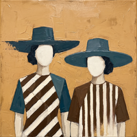 Original oil painting of two women in wide teal-blue flat-brim hats over brown and cream stripes, on a golden ochre ground