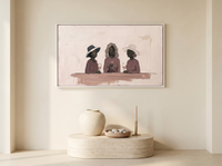 Three Women with Wine Wide Wall Art — Original Palette-Knife Oil, Mauve & Plum — original hand-painted oil shown on the wall in a styled room