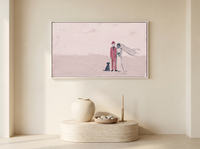 Wedding Couple & Dog Wide Wall Art — Original Palette-Knife Oil, Pink & Emerald — original hand-painted oil shown on the wall in a styled room