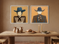 Cowboy Pair, Gingham & Floral — Set of 2 Original Oils, Ochre & Slate Blue — original hand-painted oil shown on the wall in a styled room