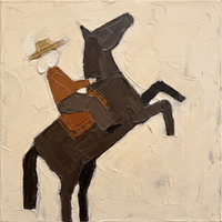 Original oil painting of a rider in a straw hat leaning forward on a rearing chocolate-brown horse, heavy palette-knife texture on a cream ground