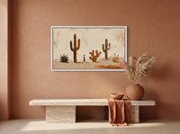 Desert Cacti Row Wide Wall Art — Original Palette-Knife Oil, Chocolate & Rust — original hand-painted oil shown on the wall in a styled room