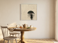 Woman Under a Black Umbrella Wall Art — Original Oil, Charcoal & Oxblood — original hand-painted oil shown on the wall in a styled room