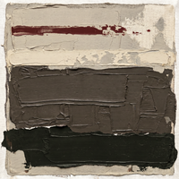 Original textured oil painting of stacked horizontal bands in oat, warm taupe-grey and near-black olive, crossed by a thin oxblood line, heavy palette-knife plaster impasto.