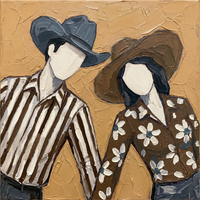 Original oil painting of a faceless couple mid-dance, a man in a slate hat and brown stripes leaning toward a woman in a brown hat and daisy shirt, on a golden ochre ground