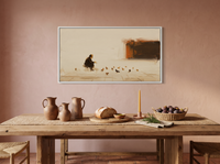Pigeon Feeder Wide Wall Art — Original Oil, Cream & Rust — original hand-painted oil shown on the wall in a styled room