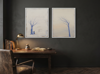 Mirrored Bare Trees — Set of 2 Original Oils, Periwinkle Mist — original hand-painted oil shown on the wall in a styled room