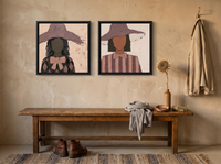 Two Women in Floppy Hats — Set of 2 Original Oils, Mauve & Rose — original hand-painted oil shown on the wall in a styled room