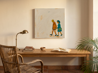Couple Walking Together Wall Art — Original Pop-Colour Oil, Orange & Teal — original hand-painted oil shown on the wall in a styled room