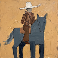 Original oil painting of a cowgirl in a pale hat and rust scarf on a slate blue-grey horse turned toward the viewer, on a golden ochre ground