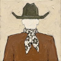 Original oil painting of a cowboy seen from behind in a dark olive hat with a cream olive-floral bandana over a caramel shirt, on an oat ground