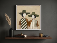 Two Women in Hats Wall Art — Original Palette-Knife Oil, Olive & Rust — original hand-painted oil shown on the wall in a styled room
