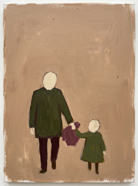 Oil painting of a father and small child in moss-green coats with pale heads, the child holding a plum-coloured posy, on a clay-tan ground.