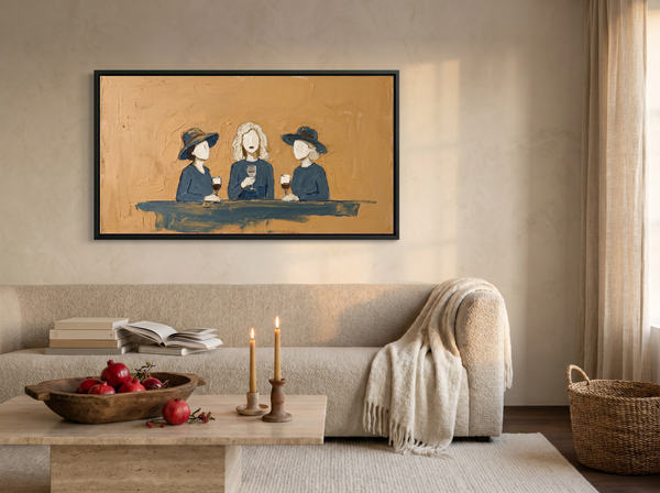 Three Women with Wine Wide Wall Art — Original Palette-Knife Oil, Ochre & Teal-Blue