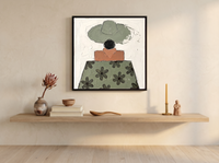 Lady in a Daisy Shirt Wall Art — Original Palette-Knife Oil, Sage & Terracotta — original hand-painted oil shown on the wall in a styled room