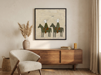 Two Riders on Horseback Wall Art — Original Palette-Knife Oil, Olive & Rust — original hand-painted oil shown on the wall in a styled room