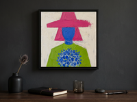 Lady with a Bouquet Wall Art — Original Palette-Knife Oil, Magenta & Lime — original hand-painted oil shown on the wall in a styled room
