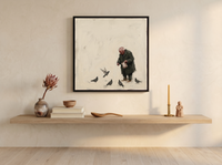 Old Man Feeding Pigeons Wall Art — Original Palette-Knife Oil, Olive & Cream — original hand-painted oil shown on the wall in a styled room