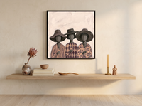 Three Women in Hats Wall Art — Original Palette-Knife Oil, Mauve & Charcoal — original hand-painted oil shown on the wall in a styled room