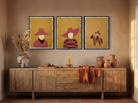 Western Family Triptych — 3 Original Oils, Clay-Rose & Mustard — original hand-painted oil shown on the wall in a styled room