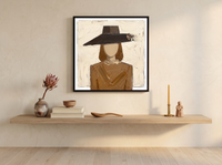 Woman in a Wide Hat Wall Art — Original Palette-Knife Oil, Chocolate & Tan — original hand-painted oil shown on the wall in a styled room