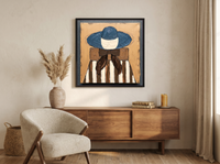 Lady in a Navy Hat Wall Art — Original Palette-Knife Oil, Navy & Ochre — original hand-painted oil shown on the wall in a styled room